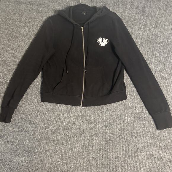 True Religion Core Zip Hoodie Womens M Black Graphic Logo Casual Sweatshirt - Picture 1 of 14